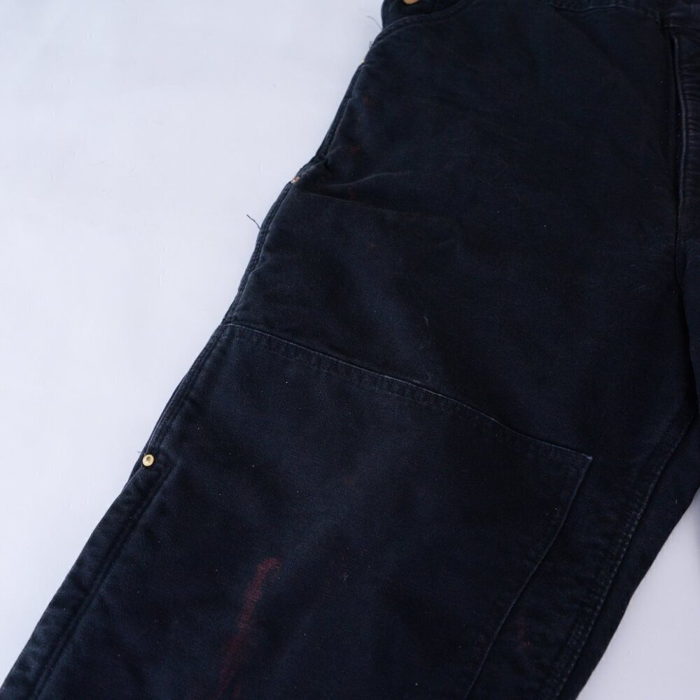 Vintage 80s Carhartt Black Distressed Red Quilt Lined Double Knee Overalls 44x30 - Picture 9 of 16